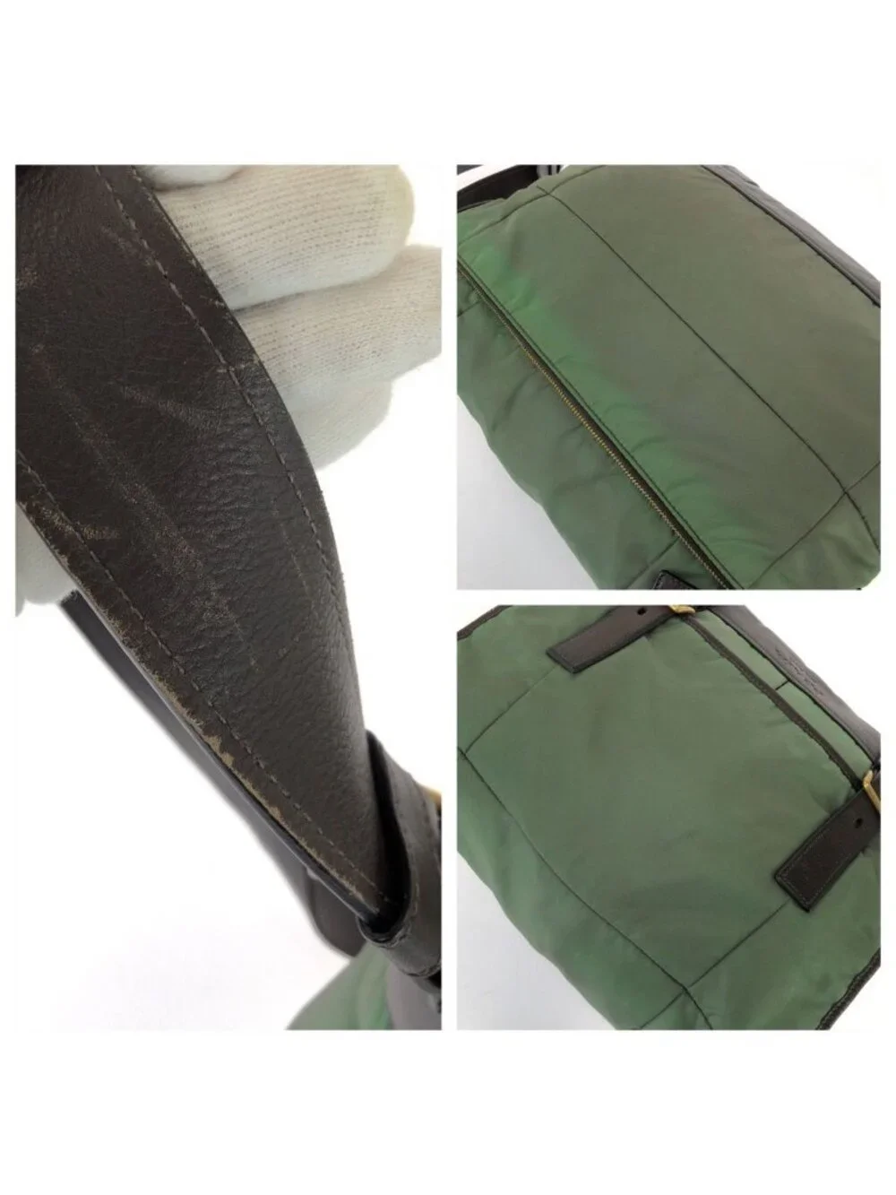 Prada Vintage Tessuto Front Logo Green Dark Brown Gold Nylon Leather Shoulder